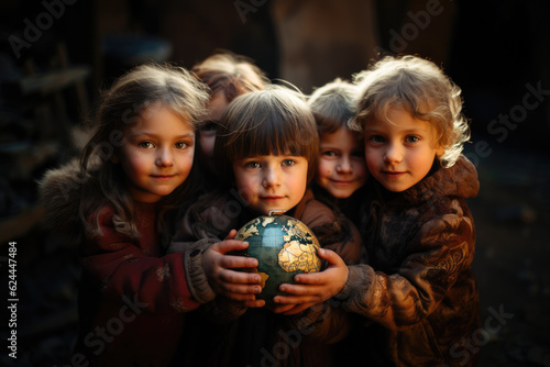 Earth's Embrace. Happy children hugging the Earth globe with their hands. Environmental awareness and love for our planet concept. AI Generative