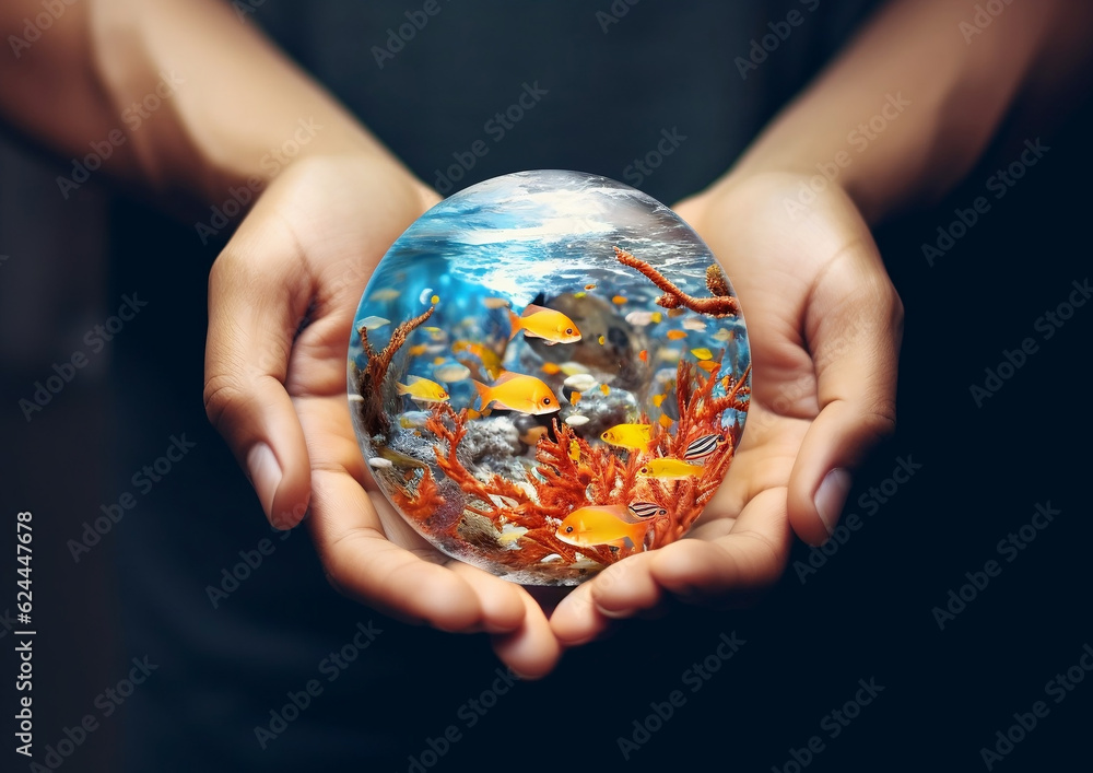Hands holding a globe of an ocean with fishes concept. Environmental Conservation. Protection and love of the marine life.