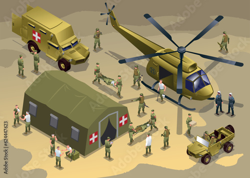 Military field hospital. Helicopter and a military medical car brought the wounded to the hospital
illustration isometric icons on isolated background