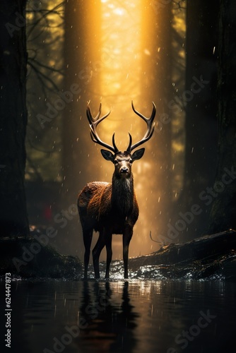 A bad deer alone fighting dramatic light dark fores | Generative AI