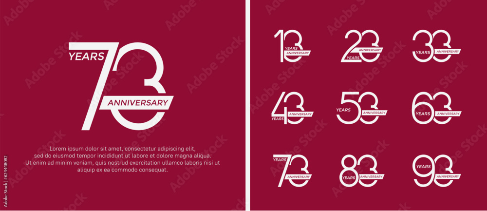 set of anniversary logo white color and ribbon on red background for celebration moment set of anniversary logo white color and ribbon on red background for celebration moment
