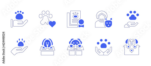 Pet adoption icon set. Duotone style line stroke and bold. Vector illustration. Containing adoption, pet, animal, pet care, puppy, dog.
