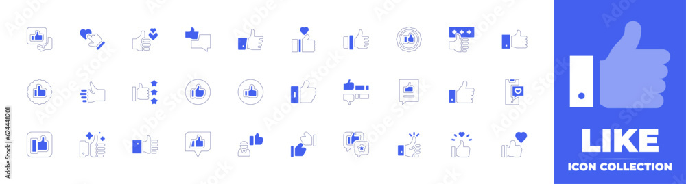Like icon collection. Duotone style line stroke and bold. Vector illustration. Containing like, rating, customer, thumbs up, badge, thumb up, feedback, smartphone, love, and more.