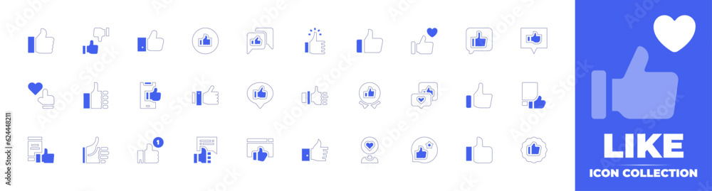 Like icon collection. Duotone style line stroke and bold. Vector illustration. Containing like, hand gesture, suggest, thumbs up, browser, follower, customer feedback, good quality, and more.