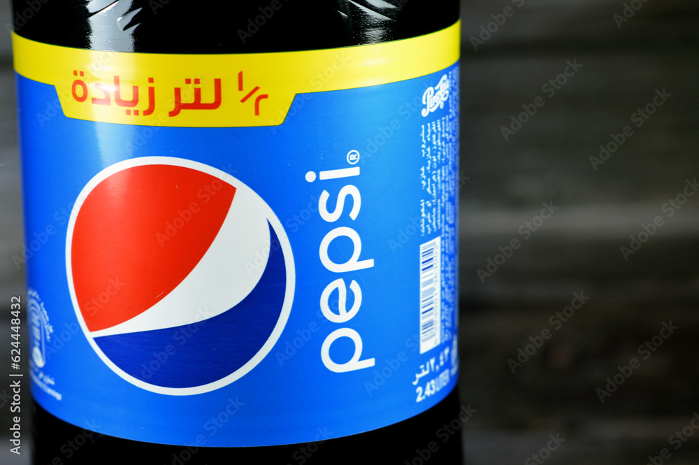 Cairo, Egypt, July 9 2023 Pepsi, a Cola flavor plastic bottle, a