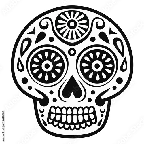 mexican style skull illustration, black and white, vector print design, skull for tattoo, fully editable print