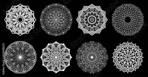 Set of white mandalas. Vector lace pattern. Ornamental round ornaments. Abstract illustration. Collection 