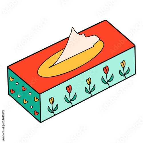 School tissue, napkins box cartoon in doodle retro style. Back to school stationery element bold bright. Classic supplies for children education or office work. Fun vector illustration isolated on