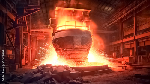 Liquid iron molten metal pouring in container  foundry cast  industrial metallurgical factory background.  