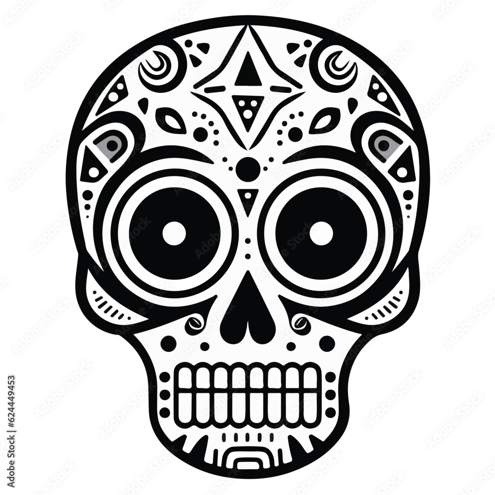 mexican style skull illustration, black and white, vector print design, skull for tattoo, fully editable print