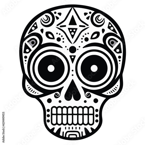 mexican style skull illustration, black and white, vector print design, skull for tattoo, fully editable print