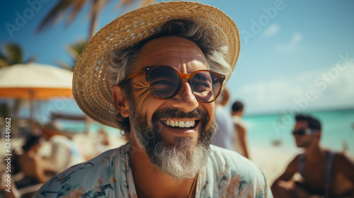 Relaxed man on the beach. Generative AI