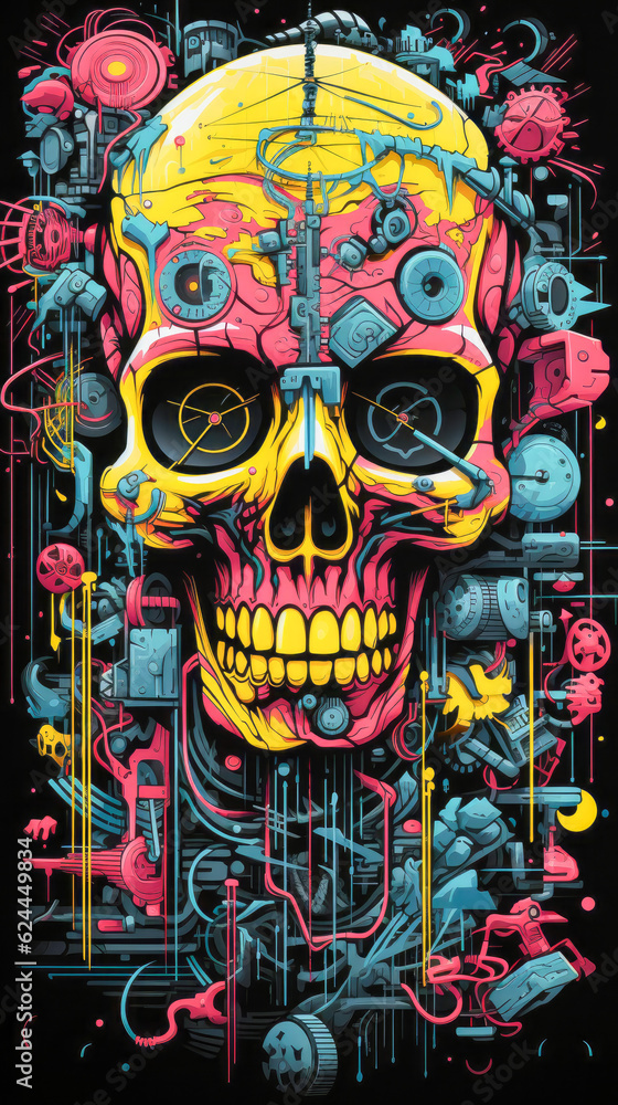 Obraz premium Neon Skulls in Silk screened Style Trance Compilation CD of Otherworldly Illustrations in Clock punk and Ghost core Aesthetics