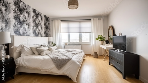 Comfortable bed with white blanket and cushions placed near wall with wallpaper against cabinet with TV in stylish bedroom with window, Generative AI © Gasspoll