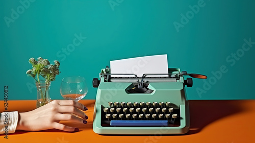 A Hidden Persona Embraces the Writing Process, Accompanied by Wine and an Antique Typewriter, Set Against a Dynamic Two-Colored Background. Generative AI