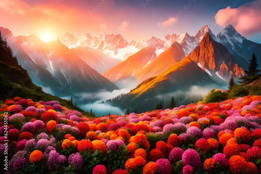 sunset in the mountains in the spring AI GENERATED