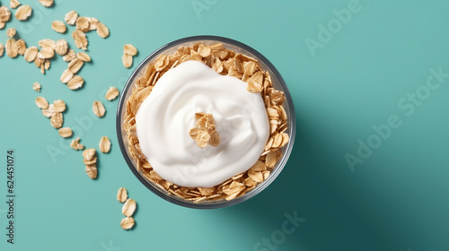 Top View. Yoghurt served with dried oats on blue background, Generative AI