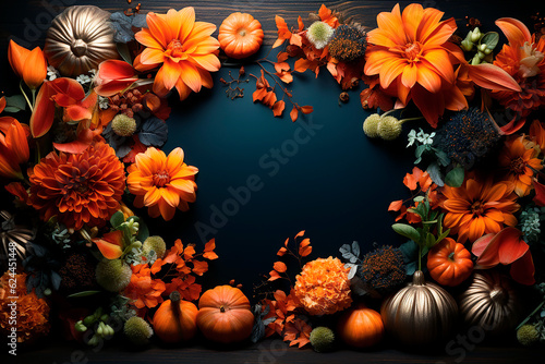 Halloween mockup space with pumpkins  flowers and fallen leaves. Black board frame with autumn holiday decoration with copy space. Generative AI.