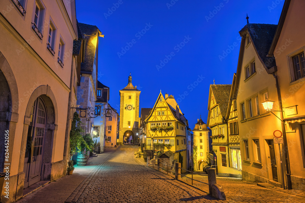 Rothenburg ob der Tauber Germany, night city skyline at Plonlein the Town on Romantic Road of Germany