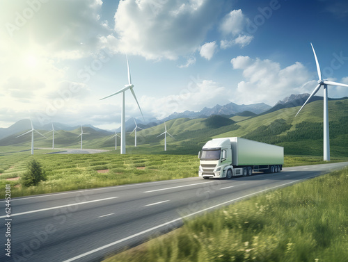 Modern eco truck makes transportation along a mountain road against the backdrop of wind farms.