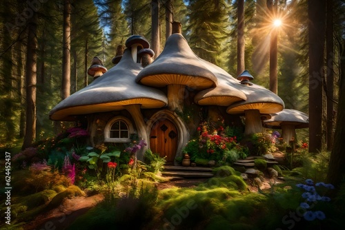 beautiful little mushroom house in the forest AI GENERATED
