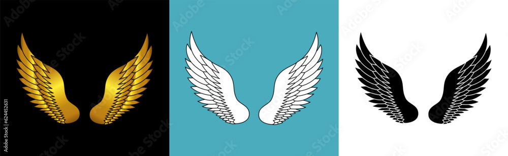 Hand drawn bird or angel wings with different style and color design Hand drawn bird or angel wings with different style and color design
