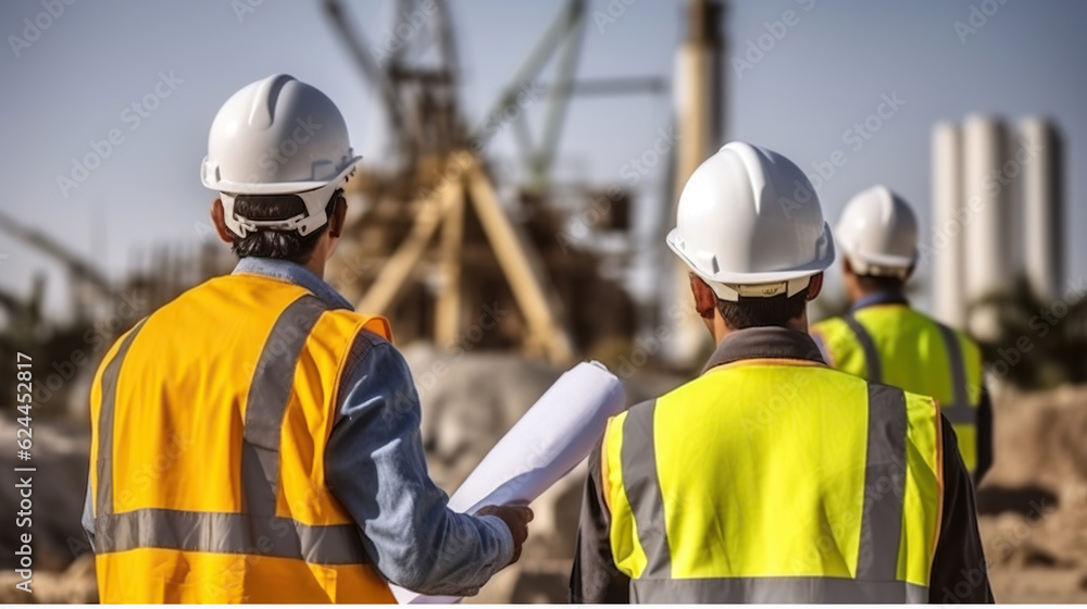 Fototapeta premium Back view of unrecognizable builders and engineer vest standing near construction site while discussing project, Generative AI