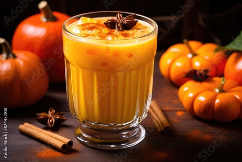 Pumpkin and orange spiced autumn cocktail with cinnamon , AI Generative