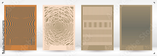 Geometrical Poster Design with Optical Illusion Effect.  Modern Psychedelic Cover Page Collection. Pastel Wave Lines Background. Fluid Stripes Art. Swiss Design. Vector Illustration for Brochure.