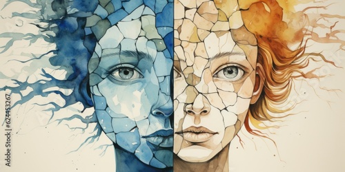 Metaphorical Depiction of a Dual Personality" - This illustration presents a metaphorical representation of bipolar disorder,   Pixel Pattern Generative Ai Digital Illustration