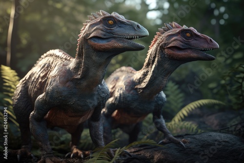 Full body view of two Theropods against a prehistoric forest. Dinosaur filmic and realistic illustration.  © Eugene Verbitskiy