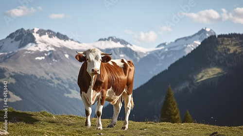 A Cow Amidst the High Alpine Meadow, Framed by Snowy Peaks. Generative AI