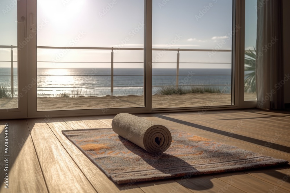 A yoga mat in front of a large window overlooking the ocean. AI Generative - obrazy, fototapety, plakaty 