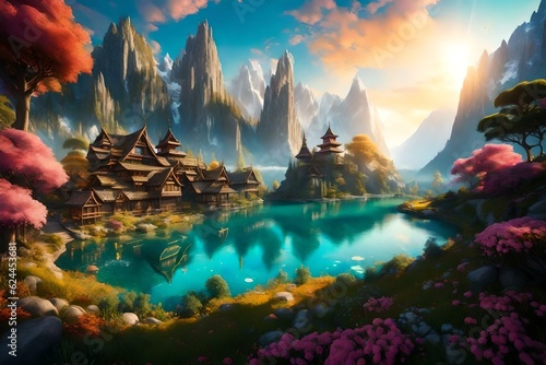 landscape with temples surrounding mountains AI GENERATED