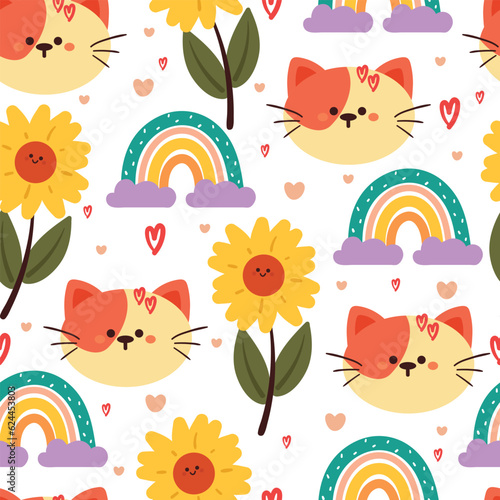 seamless pattern cartoon cat  flower and sky element. cute animal wallpaper for textile  gift wrap paper