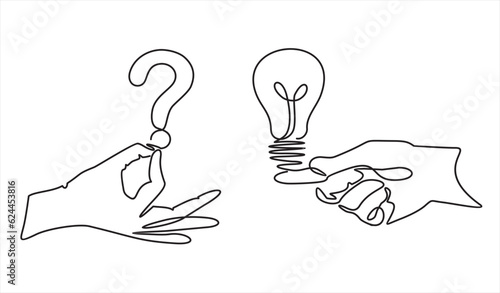 continuous single one line drawing of question and answer, solving problem or business solution, FAQ concept.