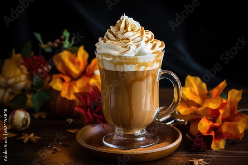 Autumn pumpkin latte with whipped cream , AI Generative