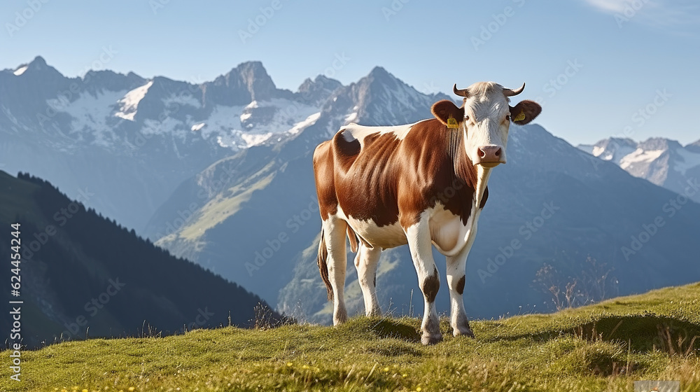 Serene Beauty, A Cow Grazing in the Alpine Meadows, Surrounded by Snow-Capped Mountains. Generative AI