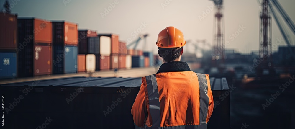 A dock worker in an orange vest and helmet oversees shipping containers. - obrazy, fototapety, plakaty 