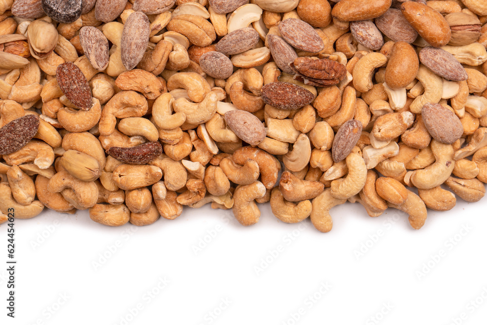 A group of almonds, pistachios, walnuts, macadamia, cashews. A group of almonds, pistachios, walnuts, macadamia, cashews.
