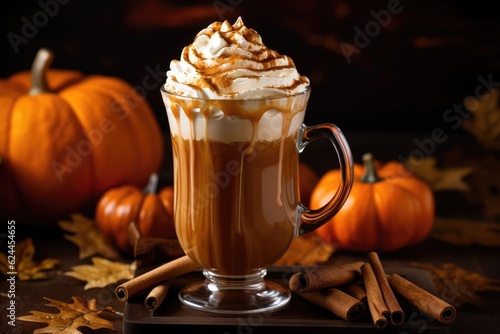 Autumn pumpkin latte with whipped cream , AI Generative