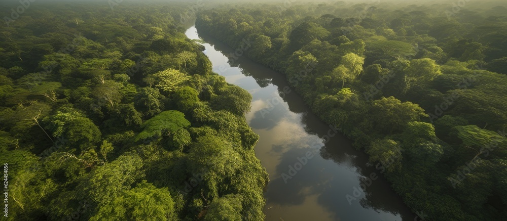 Aerial view of a winding river cutting through a dense tropical rainforest.