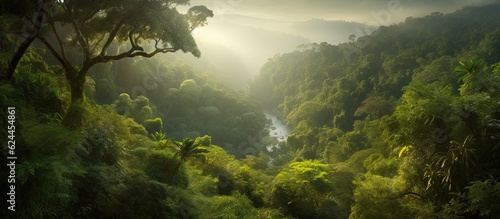 Majestic aerial view of a river snaking through a dense rainforest. © AdriFerrer