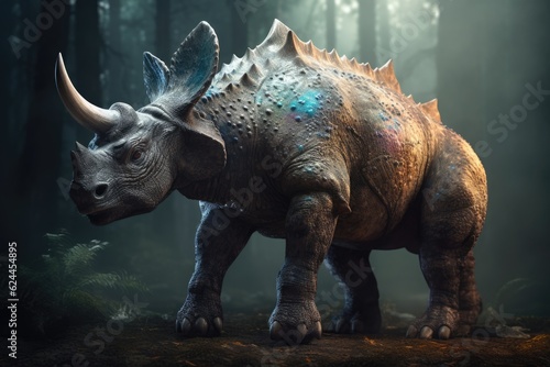 Full body view of Triceratops against a prehistoric forest. Herbivore dinosaur filmic and realistic illustration.