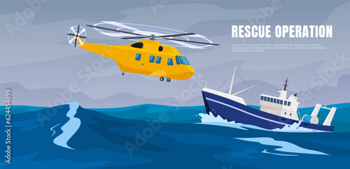 Rescue helicopter in the sea with a group of rescuers. Rescue and search for victims at sea during a storm. Aid to damaged ships. Vector illustration