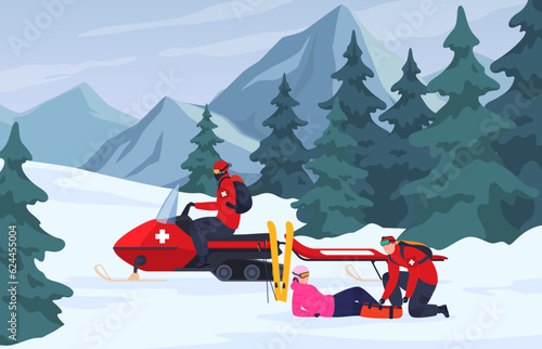 Professional lifeguards help people save their lives and health. Rescue operations to evacuate victims. Vector illustration photo