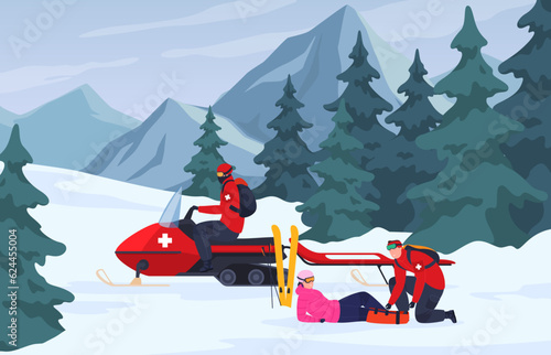 Professional lifeguards help people save their lives and health. Rescue operations to evacuate victims. Vector illustration