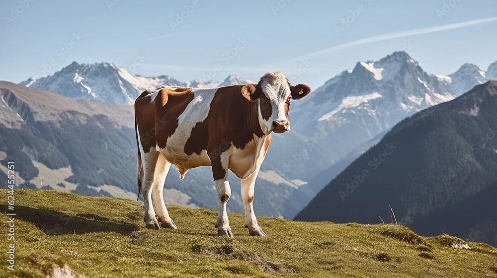 Serene Beauty, A Cow Grazing in the Alpine Meadows, Surrounded by Snow-Capped Mountains. Generative AI