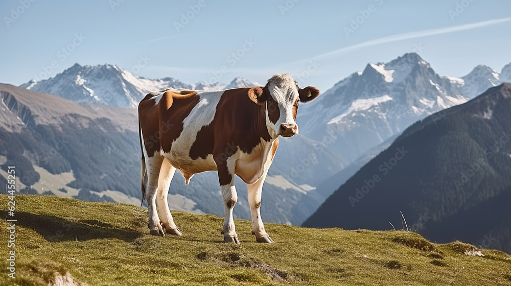 Serene Beauty, A Cow Grazing in the Alpine Meadows, Surrounded by Snow-Capped Mountains. Generative AI Serene Beauty, A Cow Grazing in the Alpine Meadows, Surrounded by Snow-Capped Mountains. Generative AI