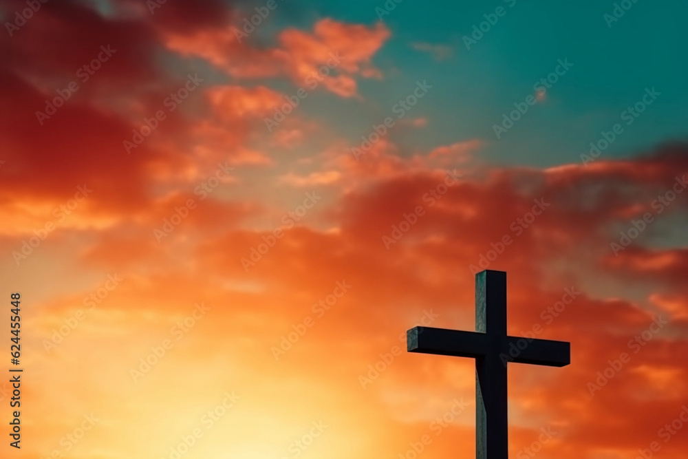 Symbol of Christ, Christian cross before clouds. Generative Ai.